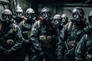 Naklejka premium A group of a military unit, posing in uniform and wearing gas masks. But there is a sense of grim determination on their faces, suggesting they are prepared to face any hazardous threat. Generative AI