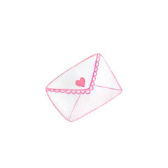 Watercolor illustration of a pink greeting envelope with a heart