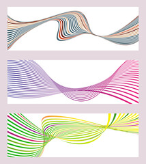 Wavy lines or ribbons. Set of 3 backgrounds. Multicolored striped gradient. Creative unusual background with abstract gradient wave lines to create a trendy banner, poster. vector eps