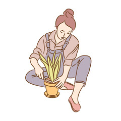 People gardening. Woman planting gardens flowers, agriculture gardener hobby and garden job. Gardening person, gardener flowers cutter working. Flat vector illustration isolated icons set