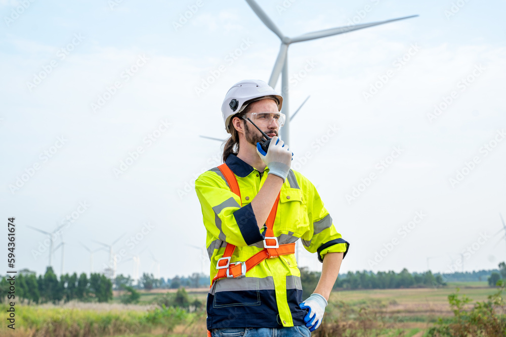 Poster Engineer working and maintenance in wind turbine,Power generation Saving and using renewable energy concept.