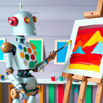 cute robot paints a painting standing on an easel, illustration / digital art created with generative AI