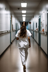 Infirmière de dos marchant dans le couloir d'un hôpital