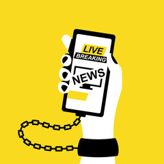 News Addiction concept. A man reads news from a smartphone. The phone is handcuffed to hand. Vector illustration flat design. Live broadcast. Breaking news. Cartoon style.