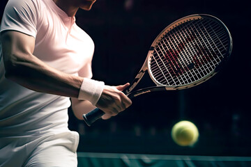 Tennis player is hitting tennis ball hard with Racket studio shot dark tone, Generative AI