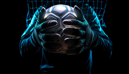 Goal Keeper holding a soccer ball on his hand closed up shot. Generative AI - 594362067