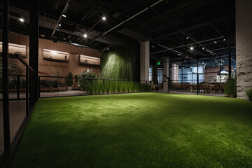 Fototapeta na wymiar Empty grass sport field indoor cafe for sport soccer and tennis training, Generative AI