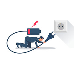 Recharge concept. A tired businessman needs recharging. Dead battery, electrical outlet. Vector illustration flat design. Isolated on background. Fatigue from the job.