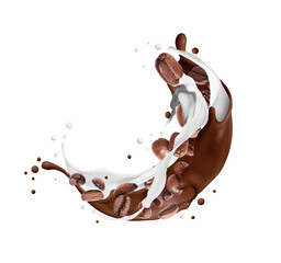 Coffee beans with chocolate and milk splashes on a white background