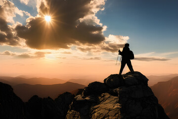 Hiker goes against sky and sun, a person standing on a rock with mountains in the background,  massive boots, during sunset, high detailed close up of, close up shot from the top, Generative AI