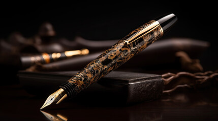 Golden fountain pen leaves drawing a straight ink line on a white paper closeup.