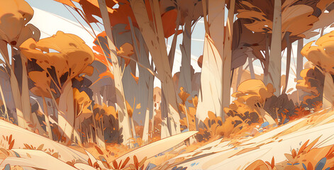 abstract forest with a range of warm. digital art illustration. generative AI