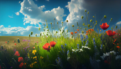 Beautiful spring landscape with colorful wildflow. Beautiful sky with spring flowers. Ai generated image