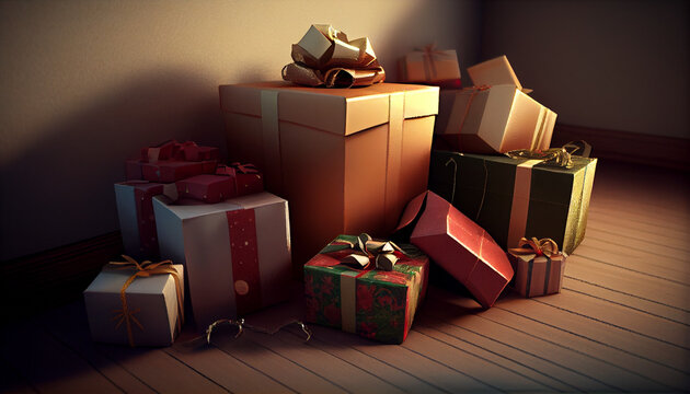 Christmas gift boxes on the floor. Ai generated image