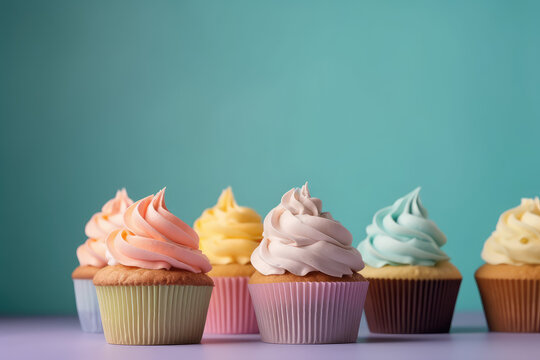 Delicious cupcakes with colorful cream swirl on a flat blue background with copy space. Pastel colors wallpaper. Generative ai professional photo shot imitation. 