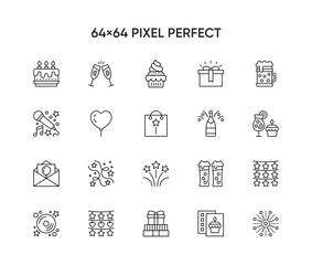 Icons set of birthday party. Outline symbol collection.