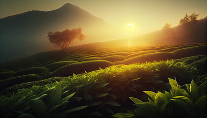 Leafy green tea that is new. Sunrise over green tea garden. Ai generated image 