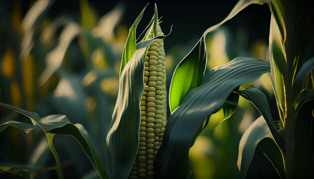 Green corn field with corn cobs close up Ai generated image 
