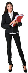 Tall slender businesswoman stands in a business suit