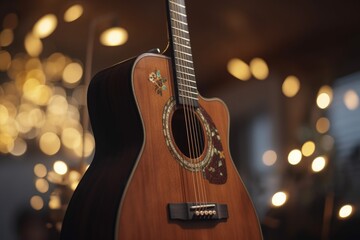 Fototapeta premium Acoustic guitar illustration, music concept, bokeh background. Generative AI