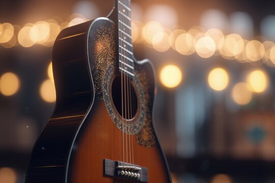 Acoustic guitar illustration, music concept, bokeh background. Generative AI