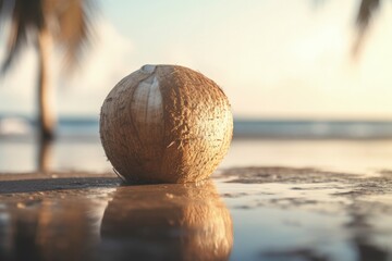 Landscape with coconut on a table, coconut trees and beach in the background, bokeh background. Generative AI