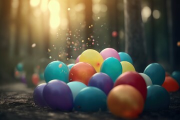 Fototapeta na wymiar Colorful balloons illustration, bokeh background, celebration and party concept. Generative AI