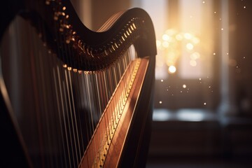 Obraz premium Instrument harp illustration, music concept, bokeh background. Generative AI