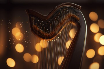 Instrument harp illustration, music concept, bokeh background. Generative AI