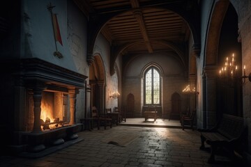 Illustration of the interior of a medieval castle, concept of history and fantasy. Generative AI