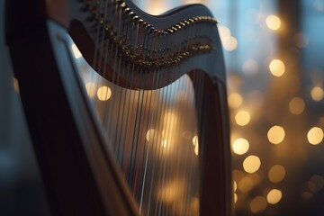 Instrument harp illustration, music concept, bokeh background. Generative AI