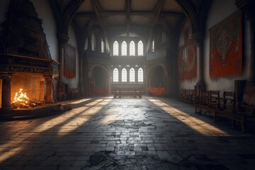 Fototapeta premium Illustration of the interior of a medieval castle, concept of history and fantasy. Generative AI