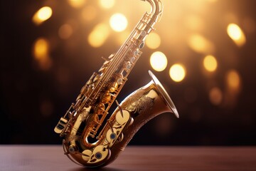 Fototapeta premium Saxophone illustration, music concept, bokeh background. Generative AI
