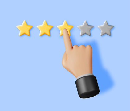 3D Glossy Yellow Five Stars Rating with Hand Isolated. Reviews Five Star Realistic Render. Testimonials, Rating, Feedback, Survey, Quality and Review. Achievements or Goal. Vector Illustration