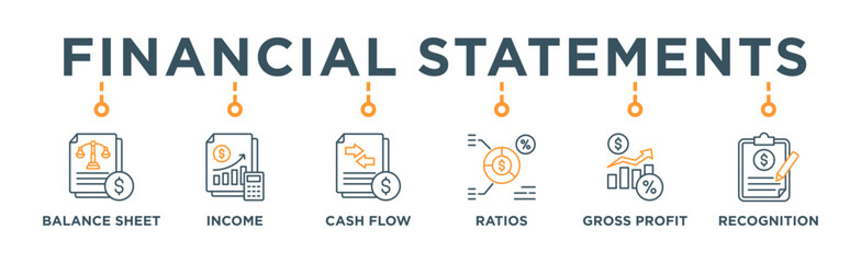 Financial statements banner web icon vector illustration concept with icon of graph, Income Statement, balance sheet, cash flow statement, financial ratios, gross profit, revenue recognition