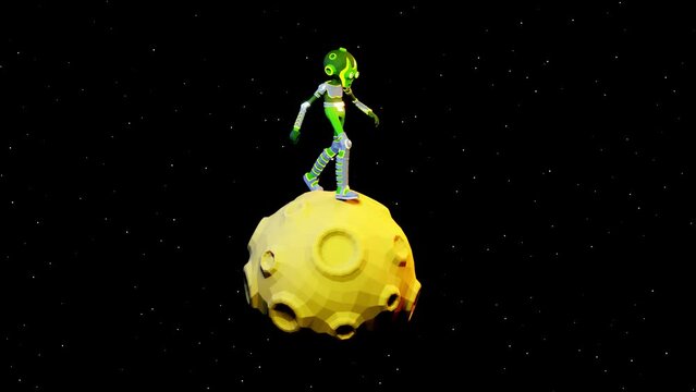 Alien is walking on a rotating moon in open space. Alien is on a planet with craters - looped 3D animation in low-poly style.