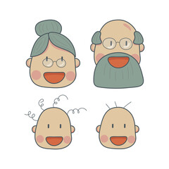 Icon set of different age groups of people from baby to elder. Smiling woman, man isolated on white background. Set of color vector illustrations.