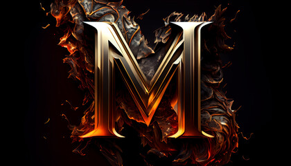 Capital letter M ateampunk alphabet in gold and black colour created with generative Ai technology - obrazy, fototapety, plakaty