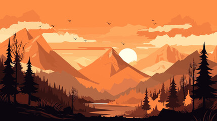 Mountain peak landscape with soft sunset light. Flat 2d vector illustration

