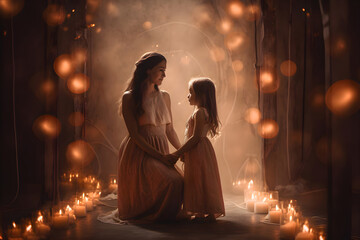 Fototapeta premium mother and daughter on a brown background among candles, Mother's Day, Generative AI