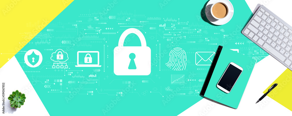 Poster internet network security concept with a computer keyboard and office items