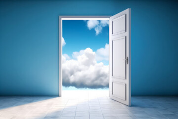 Open door leading to bright blue sky with clouds in the background. Generative AI.