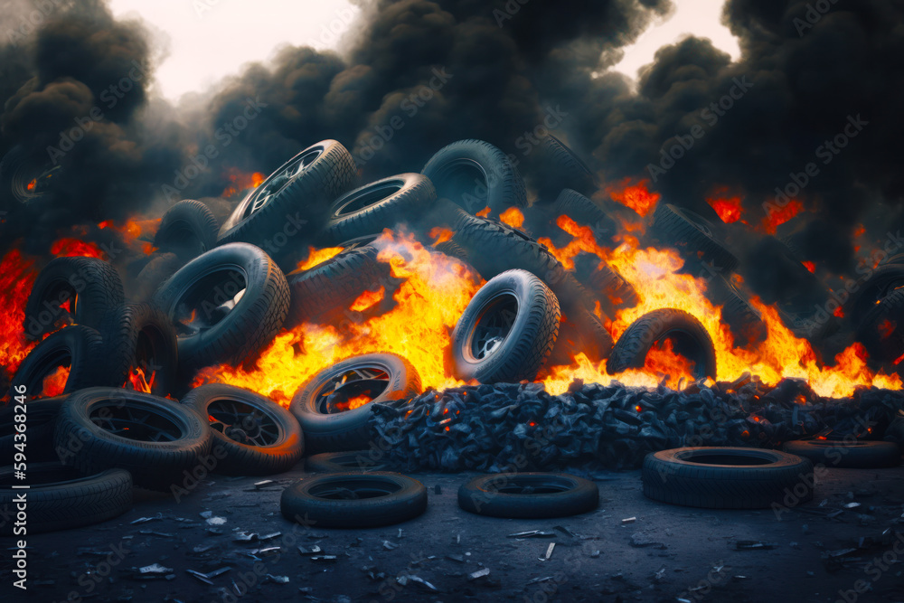 Poster pile of tires sitting on top of pile of tires in front of fire. generative ai.