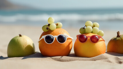summer fruits in sunglasses on the sand against the background of the beach and the sea. Summer vacation concept. AI generated