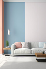 Living room with white couch and blue and pink accent wall. Generative AI.