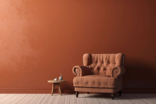 Modern cozy living room with monochrome terracotta wall. Contemporary interior design with trendy earth tones wall color, chair, table for mockups. Generative AI.
