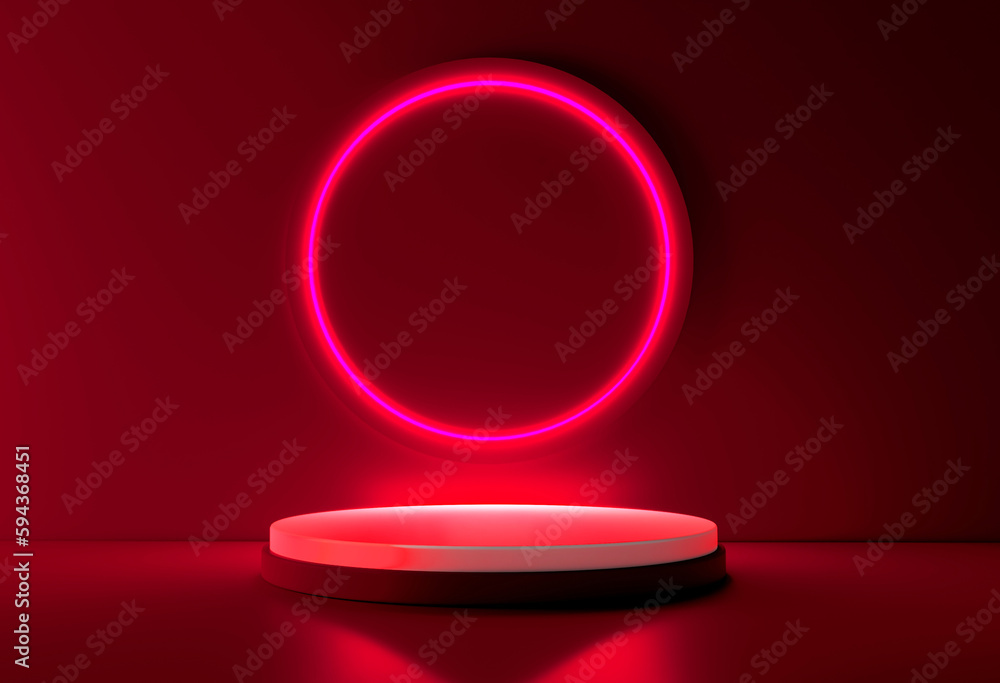 Poster pink realistic 3d cylinder stand podium with glowing neon in circle shape. abstract 3d rendering ren