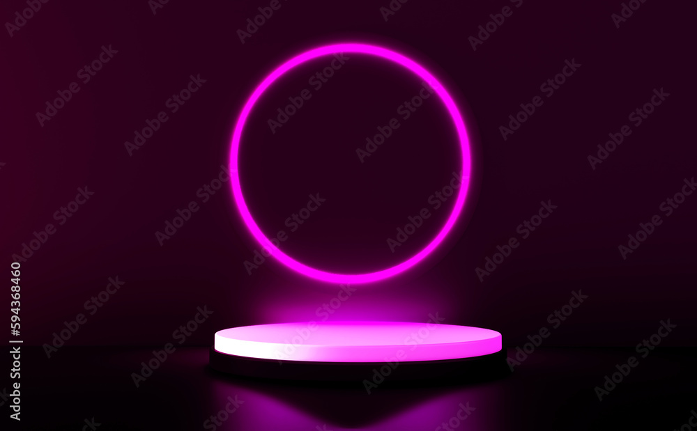 Poster black realistic 3d cylinder stand podium with glowing pink neon in circle shape. abstract 3d renderi