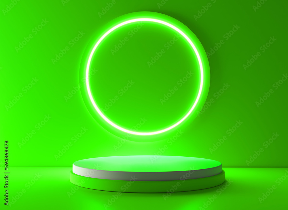 Poster green realistic 3d cylinder stand podium with glowing neon in circle shape. abstract 3d rendering ge