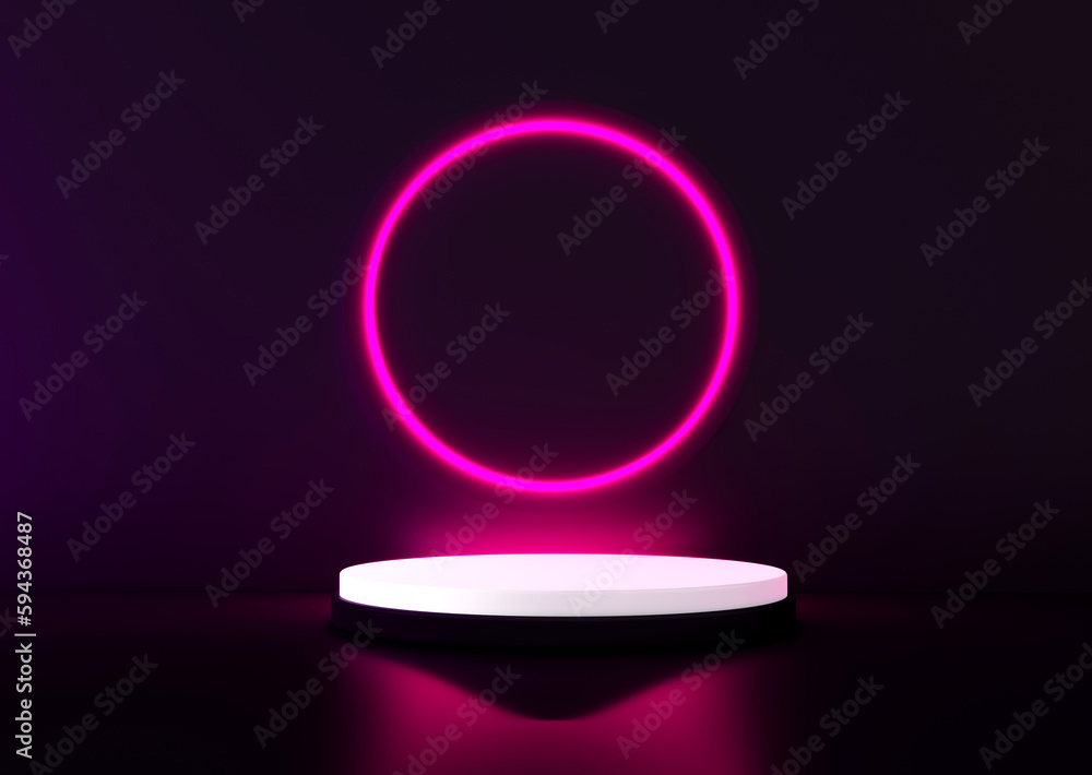 Poster red realistic 3d cylinder stand podium with glowing red neon in circle shape. abstract 3d rendering 